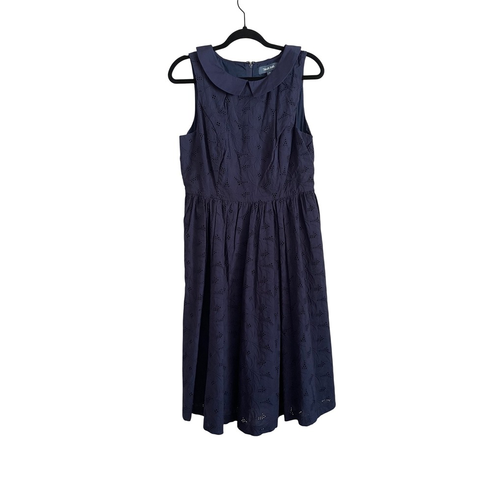 ModCloth Navy Blue Eyelet Peter Pan Collar Retro Midi Dress 12 Old Money Preppy - Picture 2 of 10